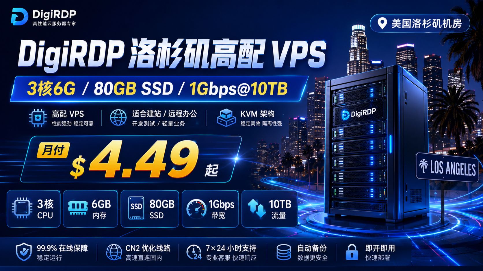 高配 VPS 地板价!DigiRDP 洛杉矶 3 核 6G 1Gbps+10TB 流量月付 4.49 刀