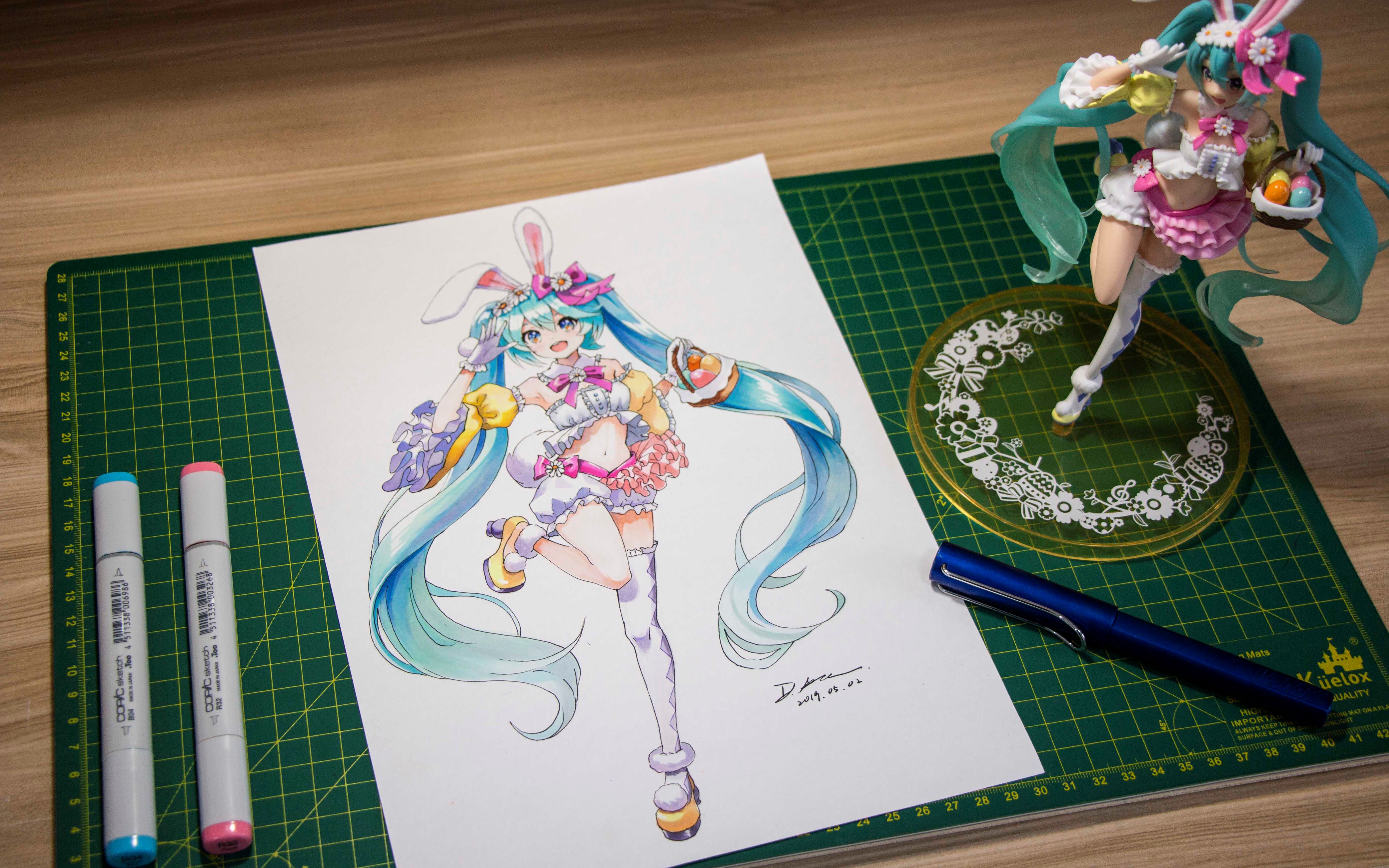 da手绘马克笔taito初音ミク姫様springver对着手办画老婆系列教你怎么