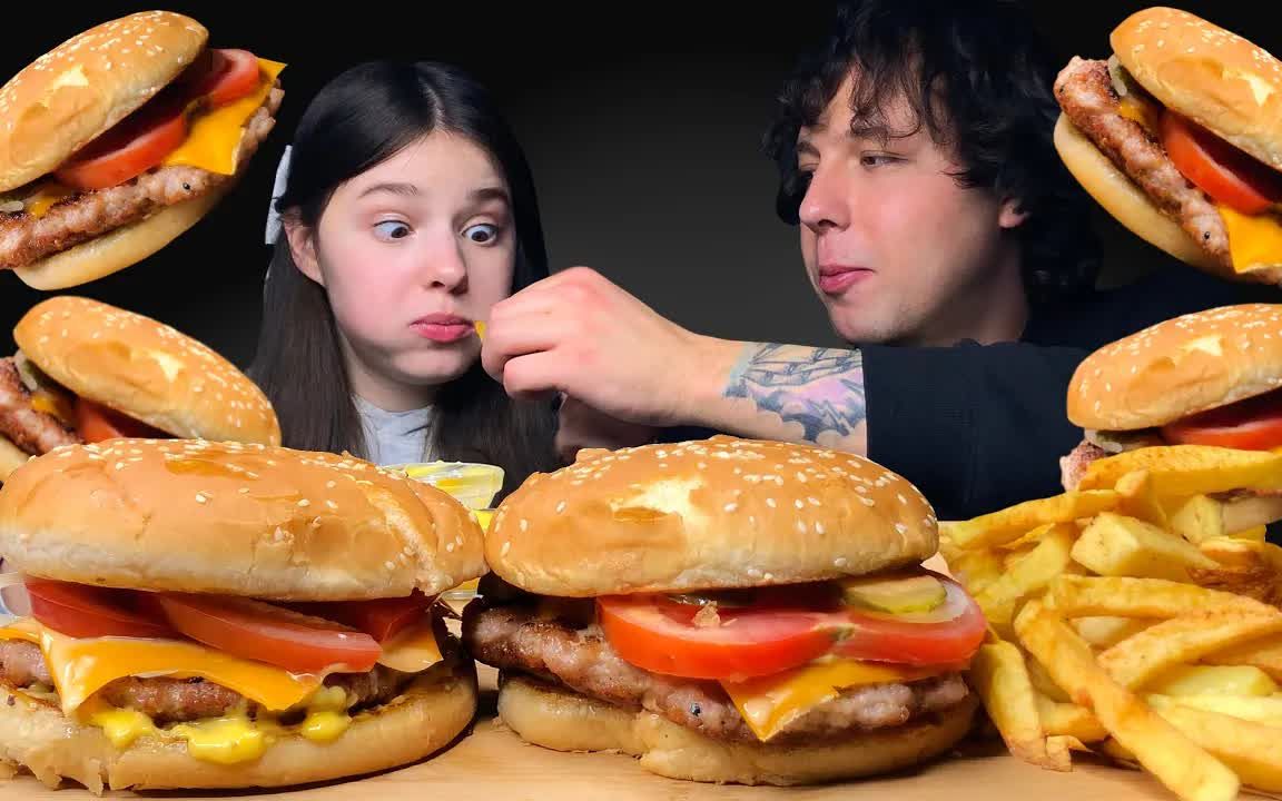 【tati】一人一个巨无霸牛肉芝士汉堡 薯条 食音咀嚼音