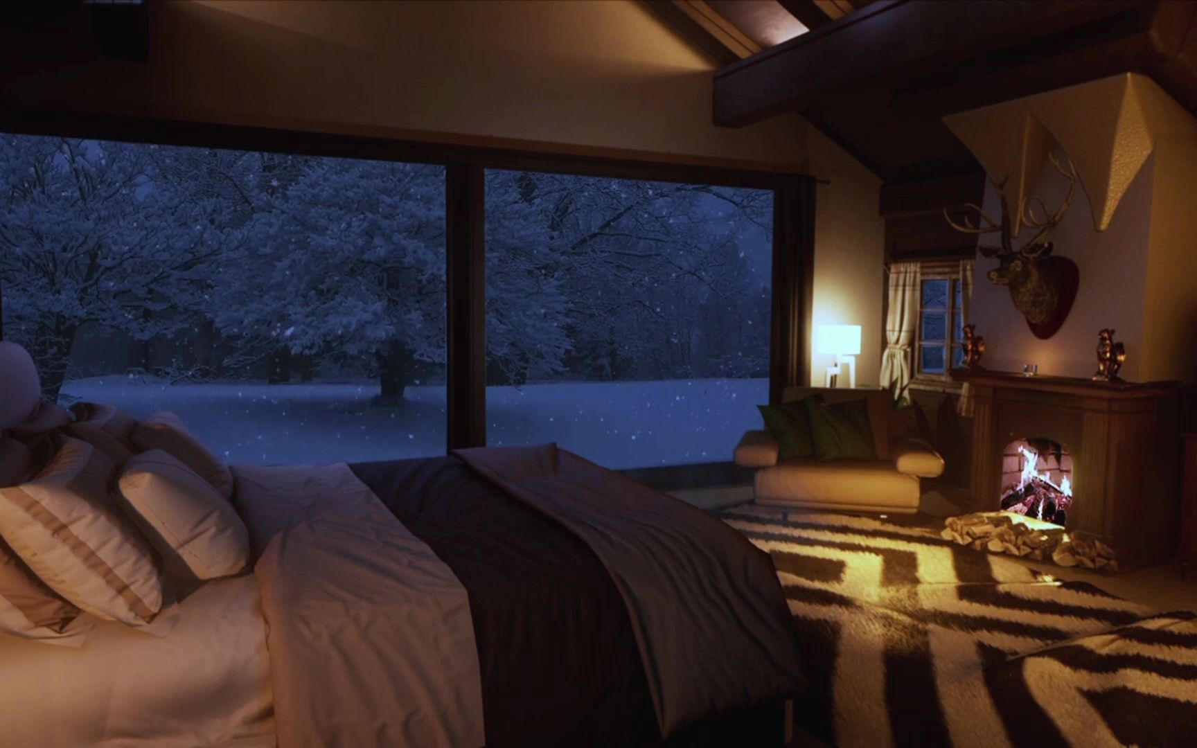 【白噪音】雪夜森林现代风格小屋氛围音|壁炉声|风雪声 高清 720p