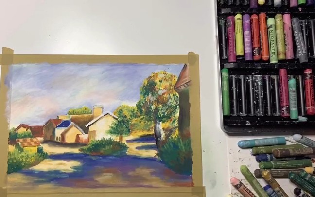 〔油画棒/风景画〕用油画棒绘制宁静的乡间小镇风景哔哩哔哩bilibili