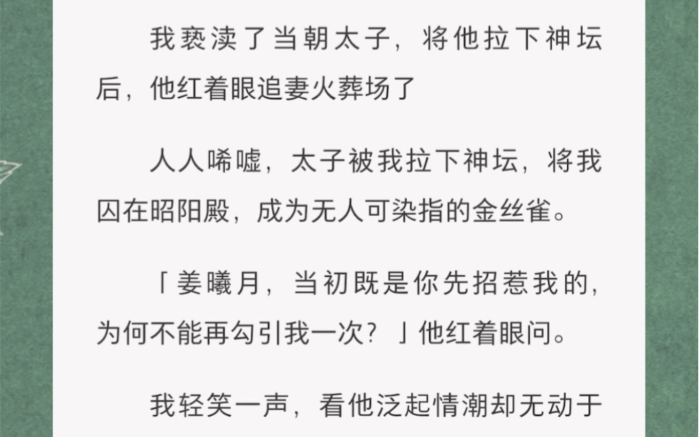 人人唏嘘,太子被我拉下神坛,将我囚在昭阳殿,成为无人可染指的金丝雀.「姜曦月,当初既是你先招惹我的,为何不能再勾引我一次?」他红着眼问....