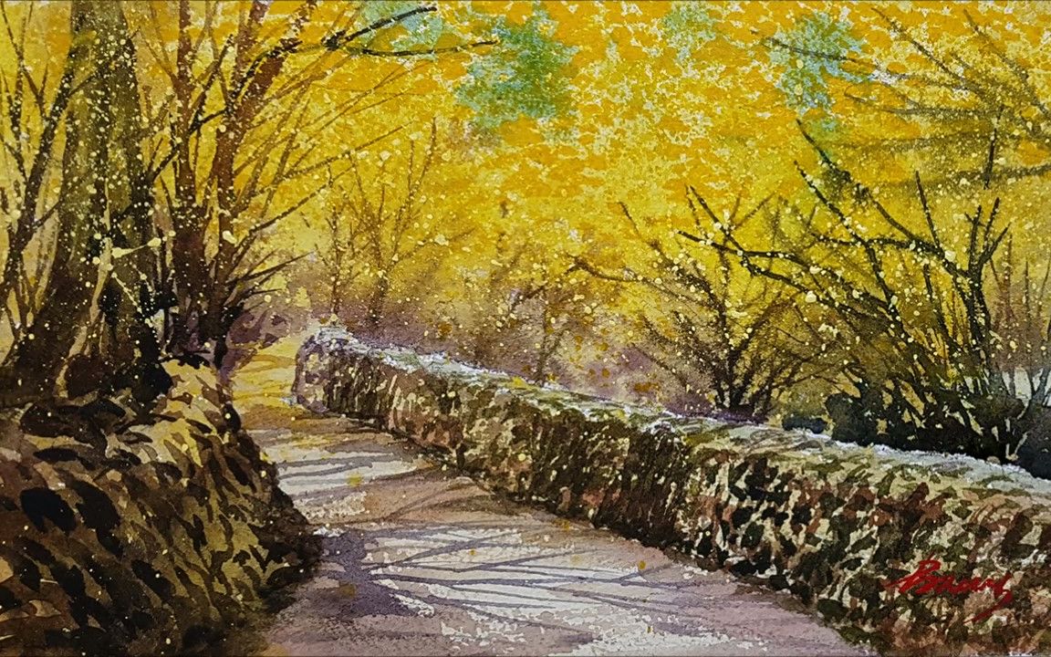 【水彩】春花烂漫的石墙路