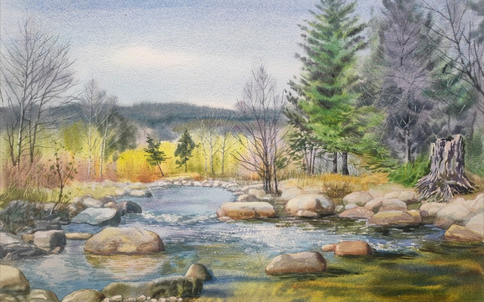 水彩湿画法秋天的风景