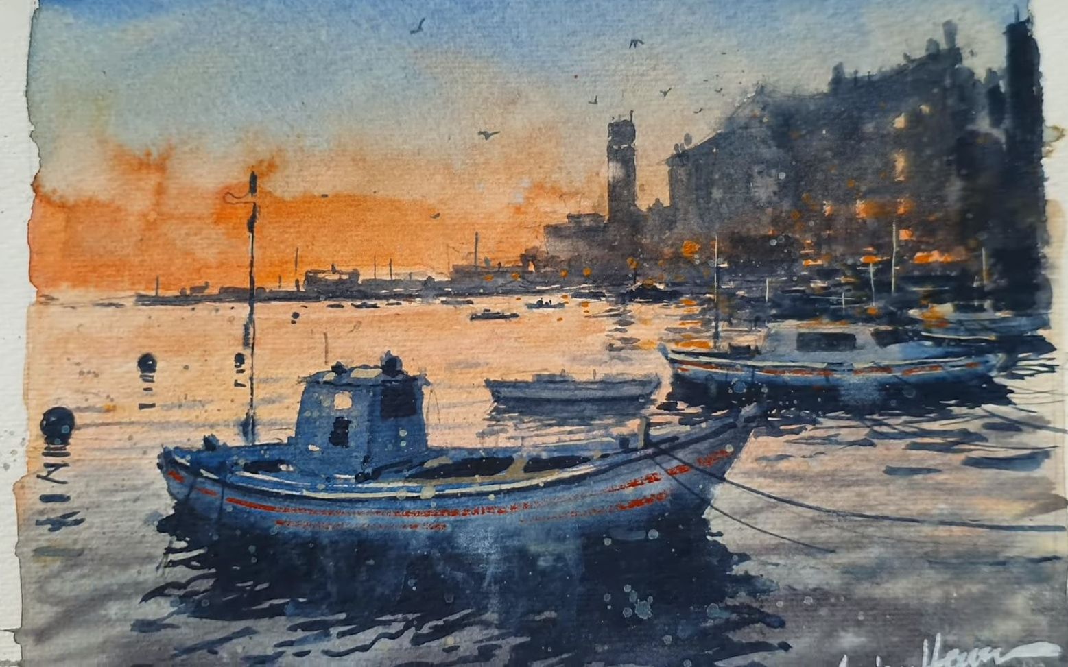 【水彩】美丽的夕阳和海中的小船