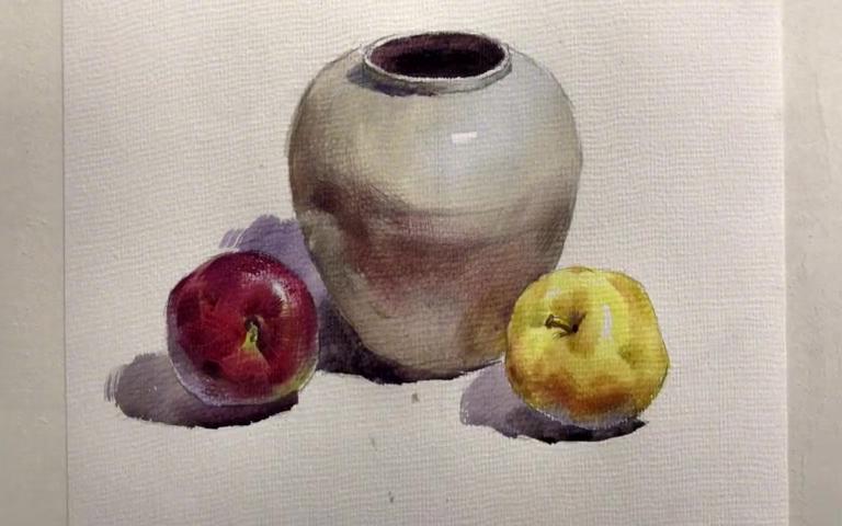 水粉画陶罐和苹果图片