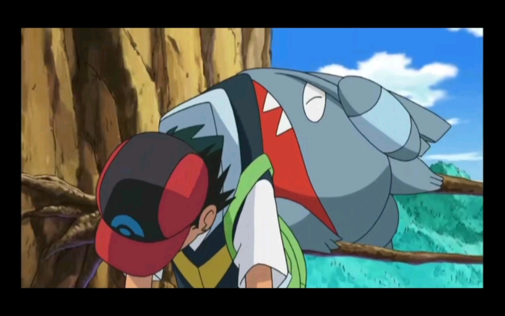 精灵宝可梦 小智要掉下去的时候被圆陆鲨一口给咬住了啊