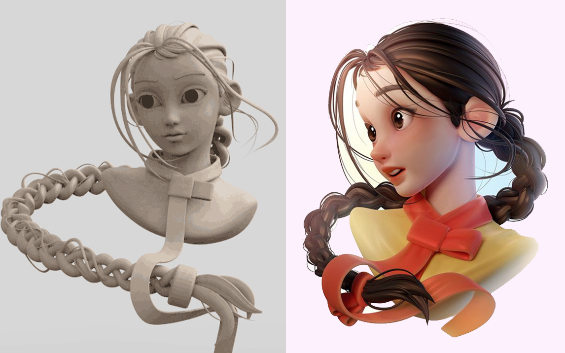 麻花辫小姐姐3d角色建模全流程,从球教你雕刻女性人物五官/头发/上色