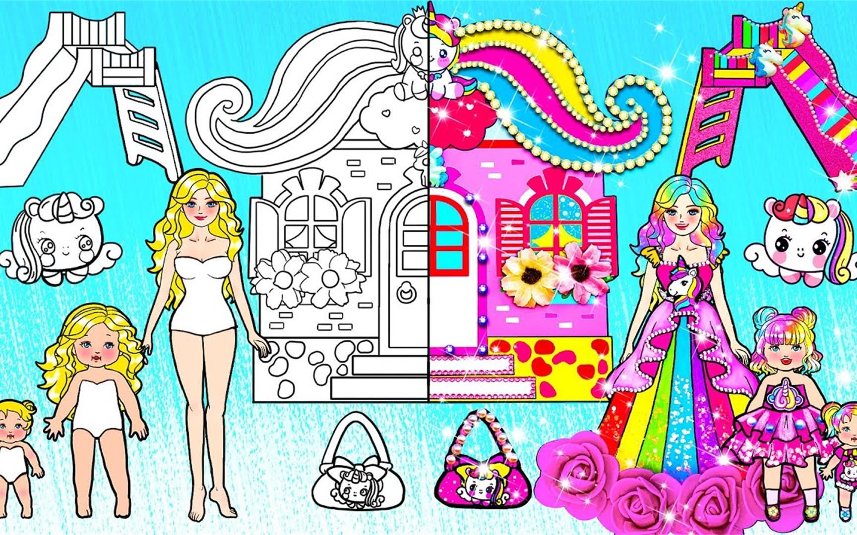 纸娃娃动画:妈妈diy彩虹儿童游乐场,独角兽滑梯泳池,公主大爱