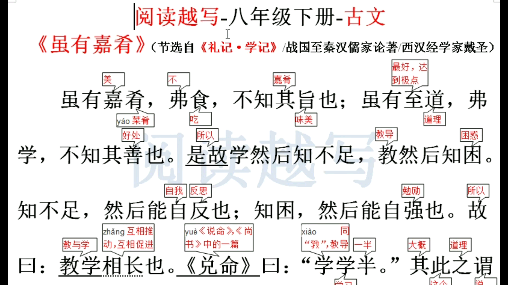 [图]八年级下册文言文阅读：《虽有嘉肴》，教学相长，要在实践中发现问题和解决问题