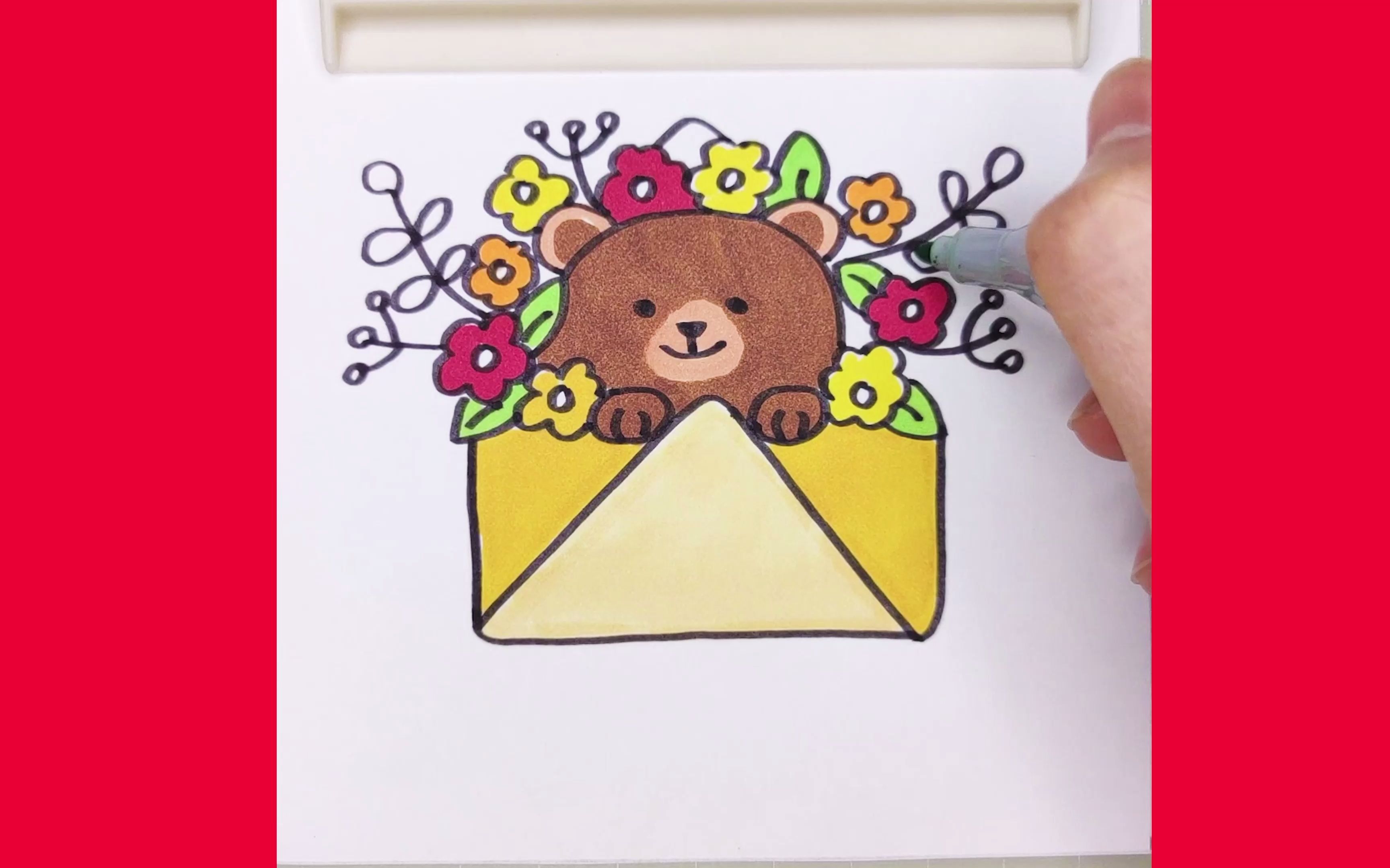 简笔水彩画教你画信封小熊然后上色超级简单的绘画一看就会