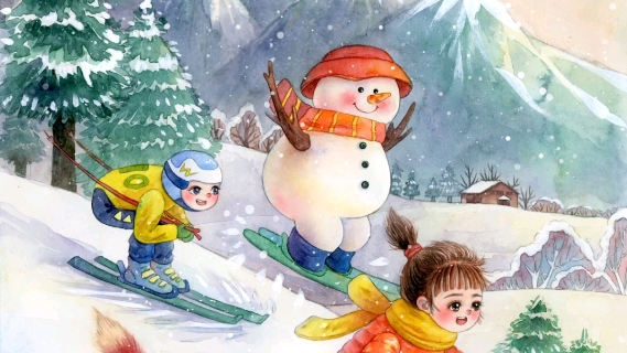 水彩手绘儿童插画冬天滑雪哔哩哔哩bilibili