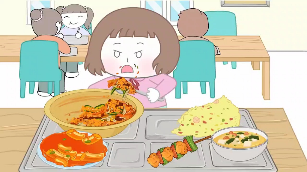 [动画吃播]韩国动漫美食视频 姐弟俩中午去食堂吃饭(炒饭,炒年糕,鸡肉