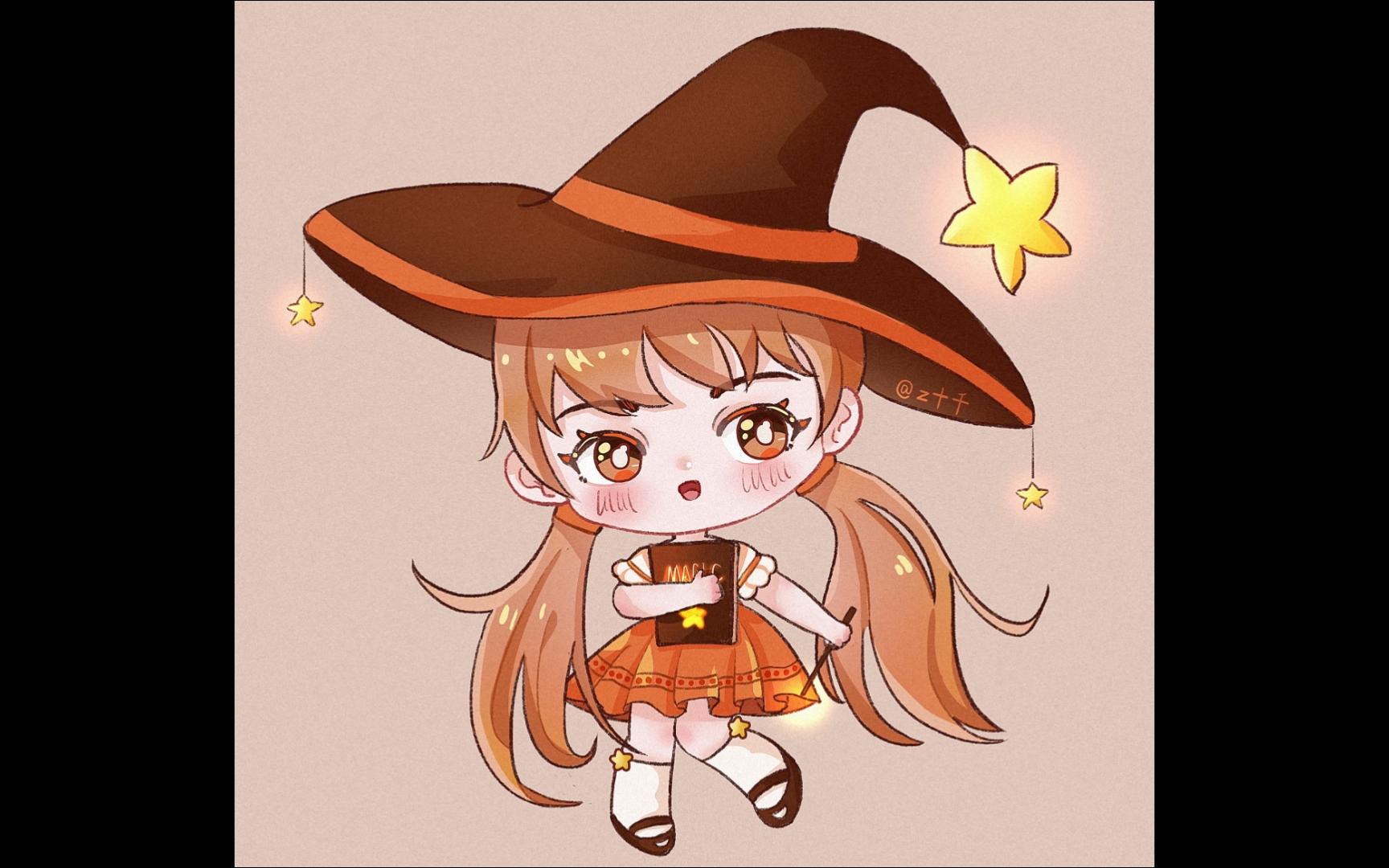 【绘画过程】q版焦糖色万圣节小魔女