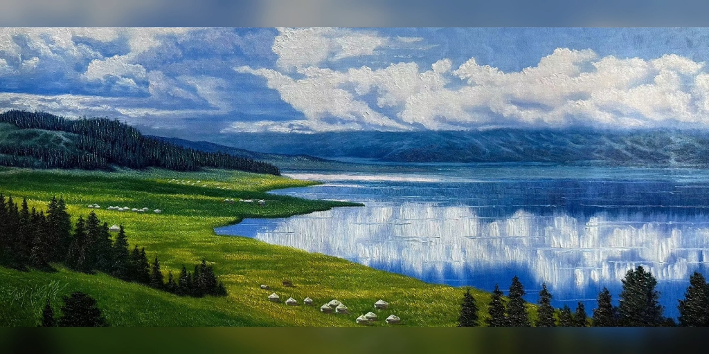 朝鲜油画《天高云淡》,诗辙,尺寸120/50厘米l