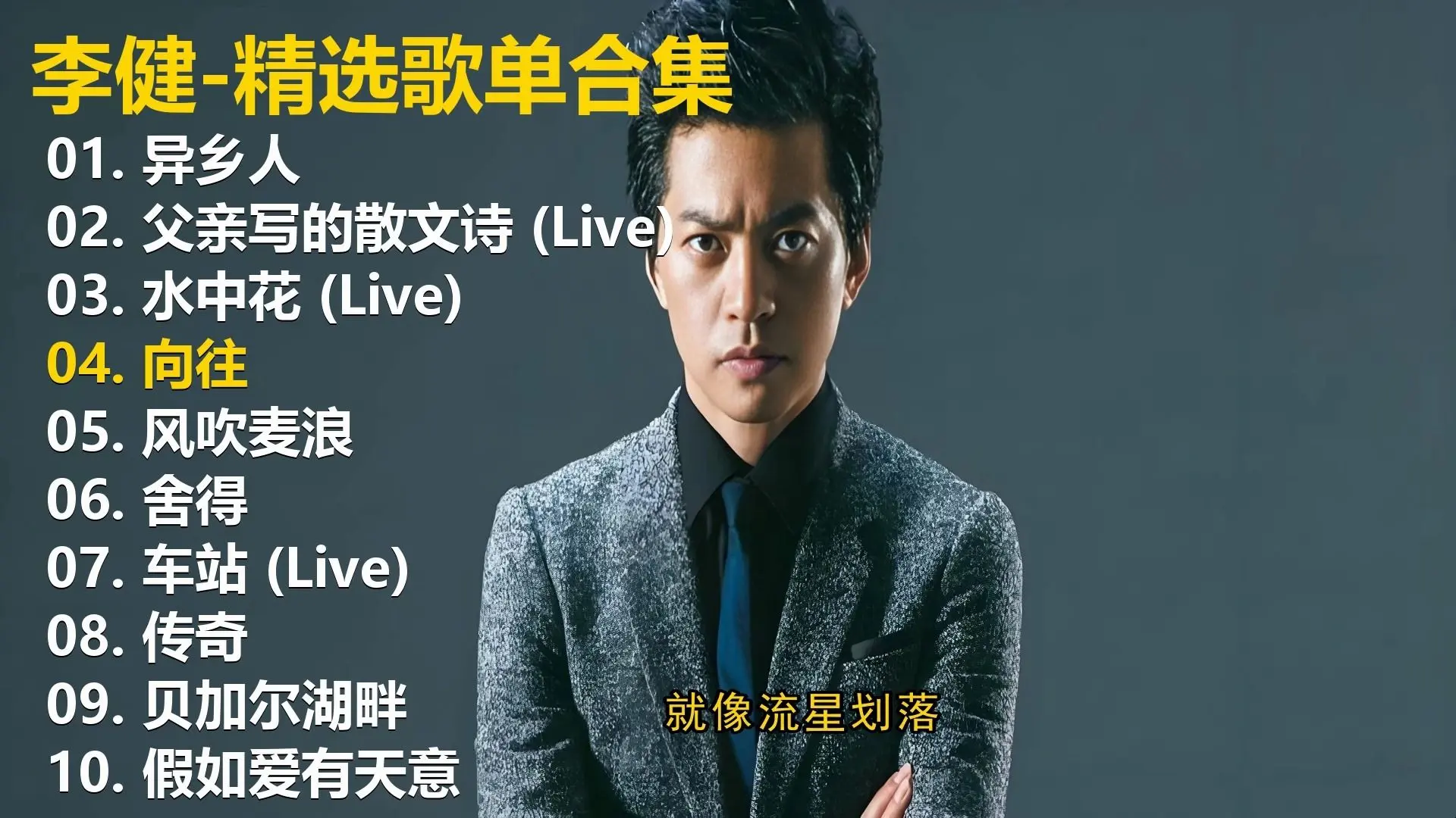 【李健】精选歌单合集《异乡人》《父亲写的散文诗 (Live)》《水中花 (Live)》《向往》《风吹麦浪》《舍得》《车站 (Live)》《传奇 ...