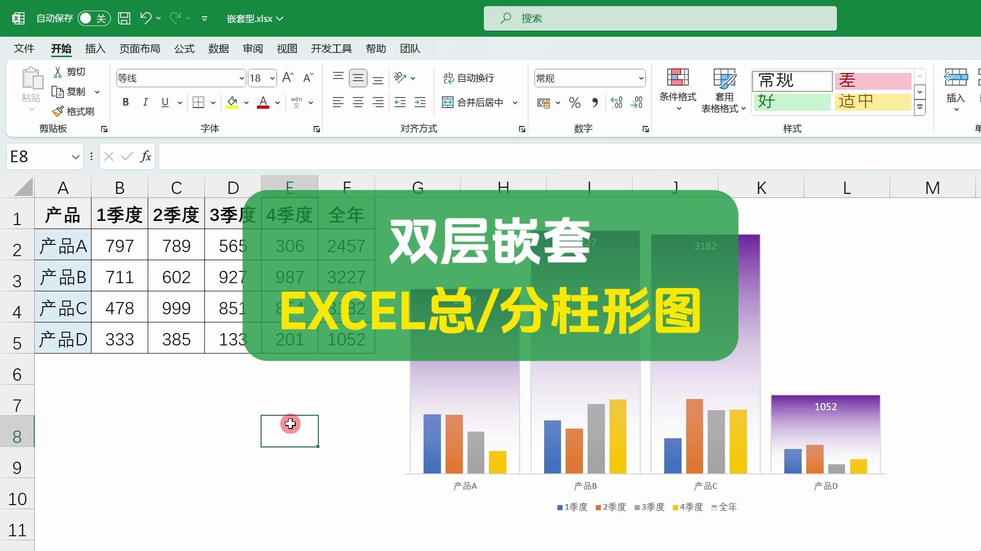 EXCEL双层嵌套图表,总分柱形图制作教程哔哩哔哩bilibili