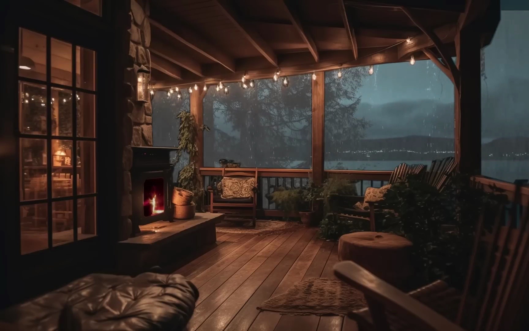 舒适的阳台,伴随着大雨和壁炉篝火的声音