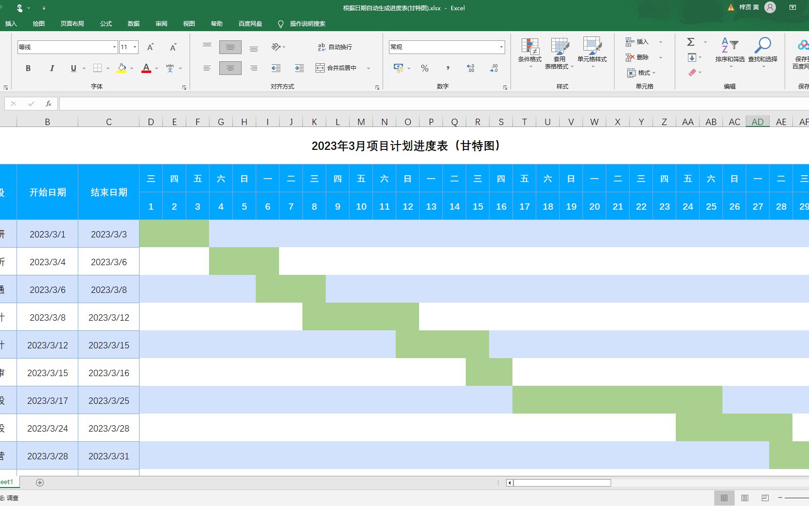 【excel模板】根据日期自动生成甘特图