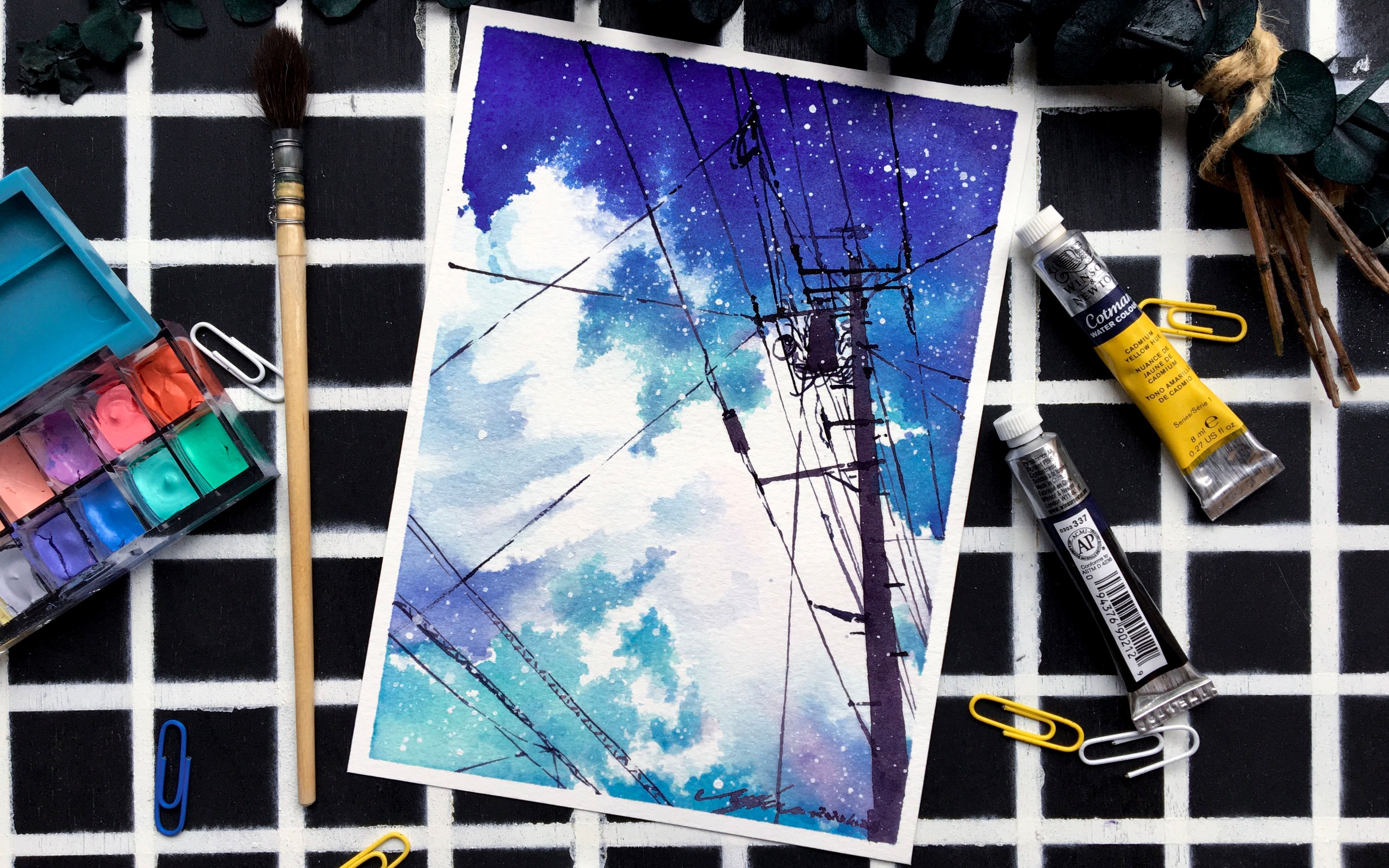 【水彩教程】水彩手绘过程简单唯美风景画星空云朵电线杆流星系列
