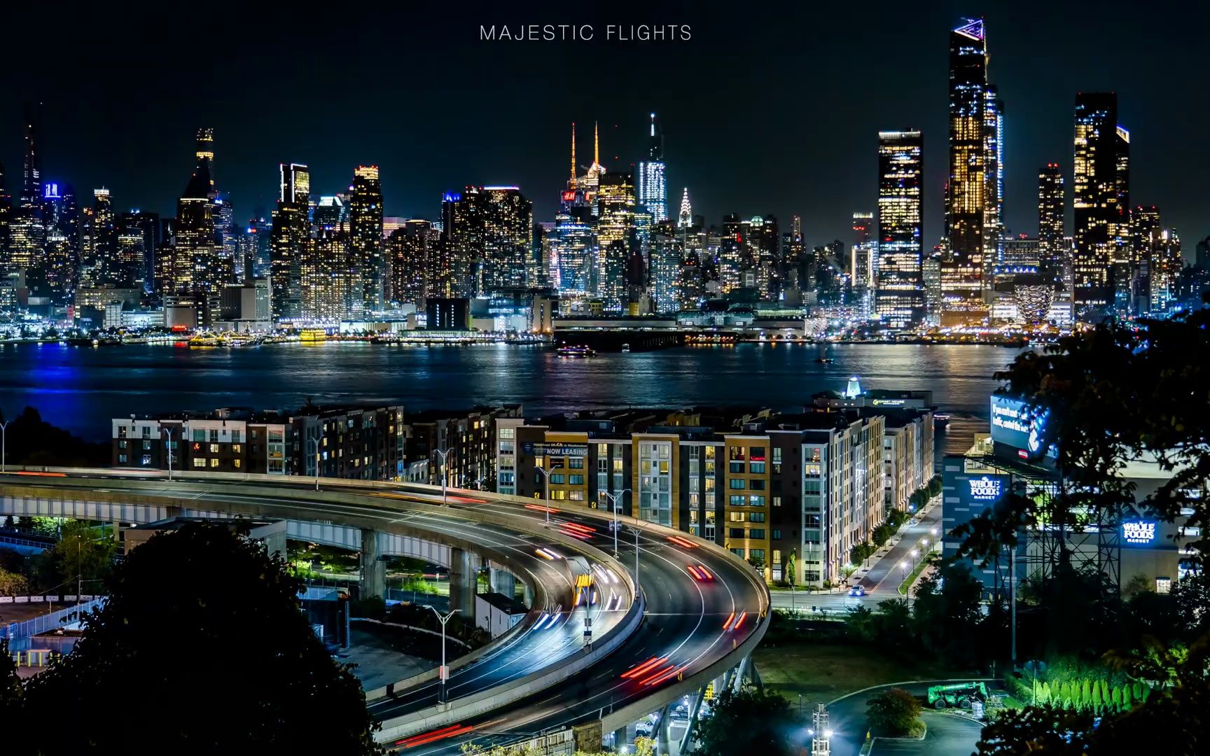 从威霍肯城市看纽约城市哈德逊城市广场摩天大楼夜景灯光