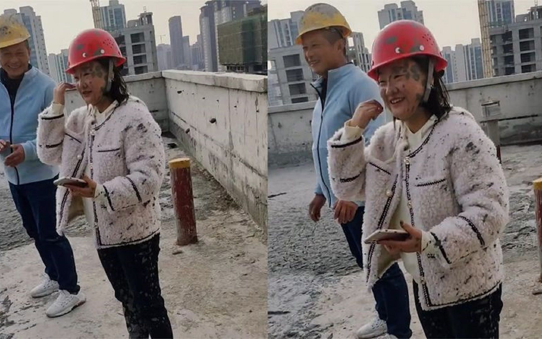 女老板工地视察被溅一身泥眼神迷茫环顾四周网友注意安全