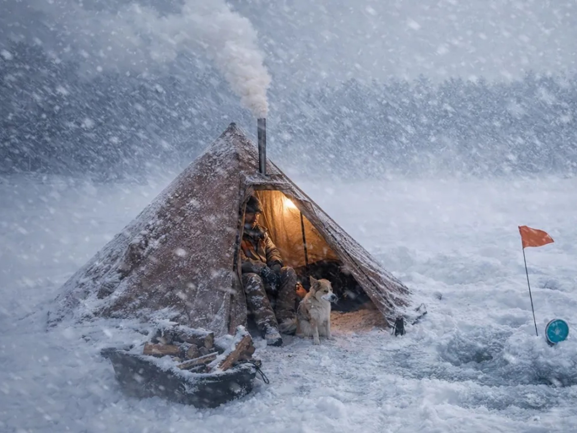 暴风雪中,带着狗子在荒野露营过夜,寒冷的夜晚有烤炉取暖,听着北风
