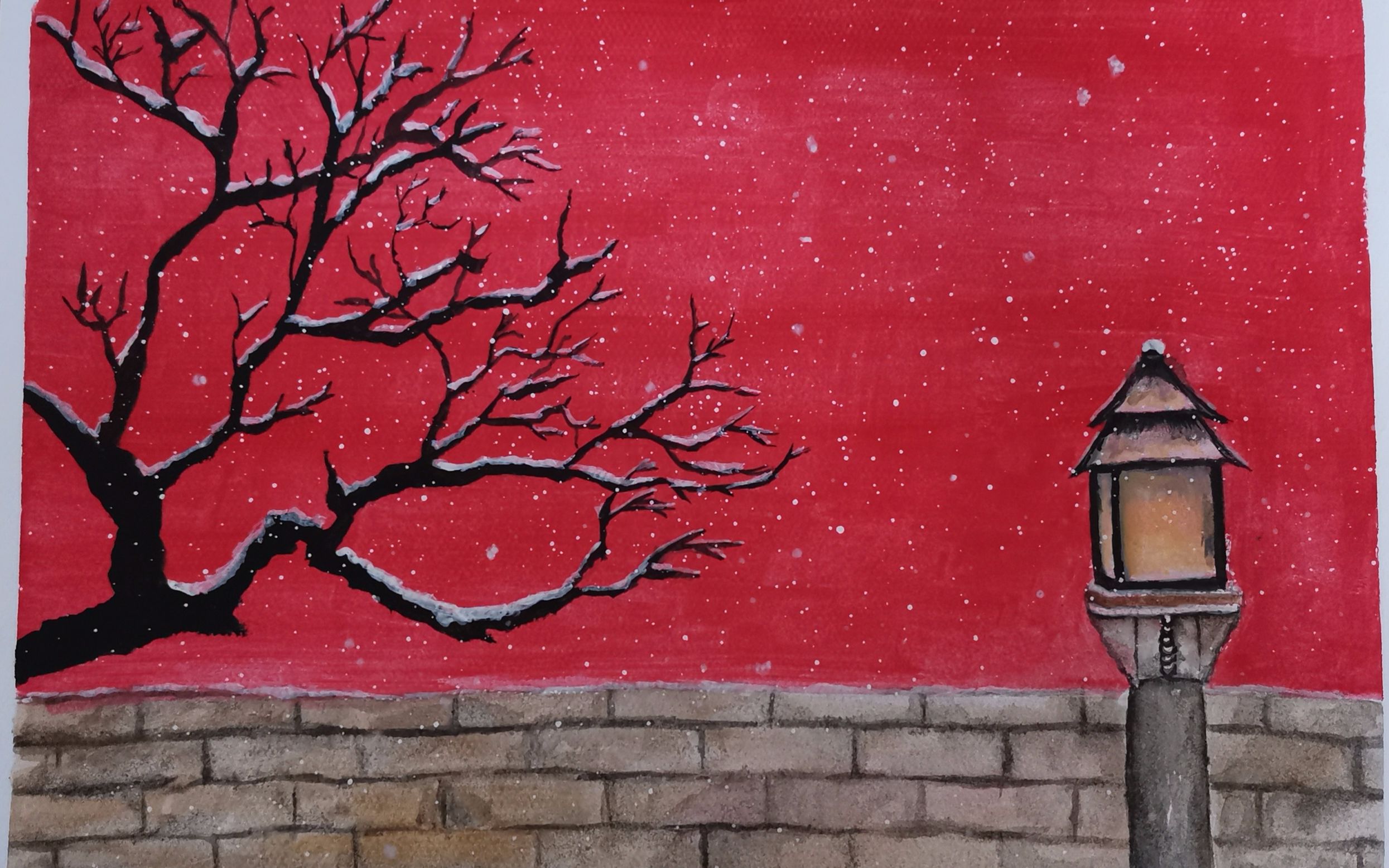 故宫红墙雪景水粉画图片