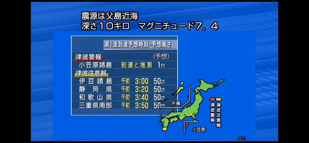 201012220219津波警报父岛近海地震m78震度4紧急警报放送