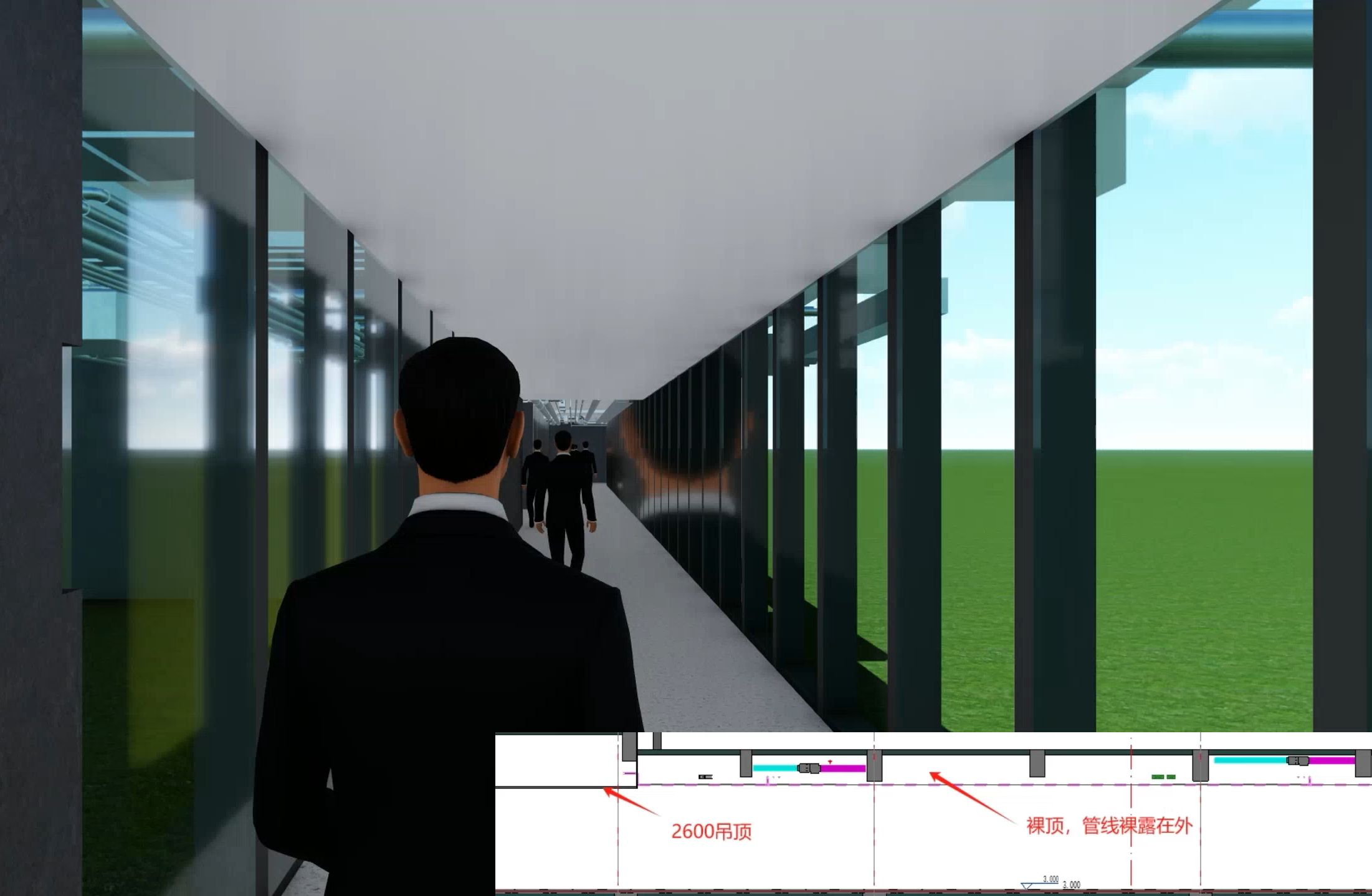 芯派科技bim漫游-夹层降板区域局部裸顶方案