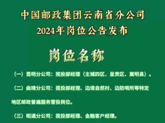 中国邮政集团云南省分公司2024年岗位公告发布哔哩哔哩bilibili