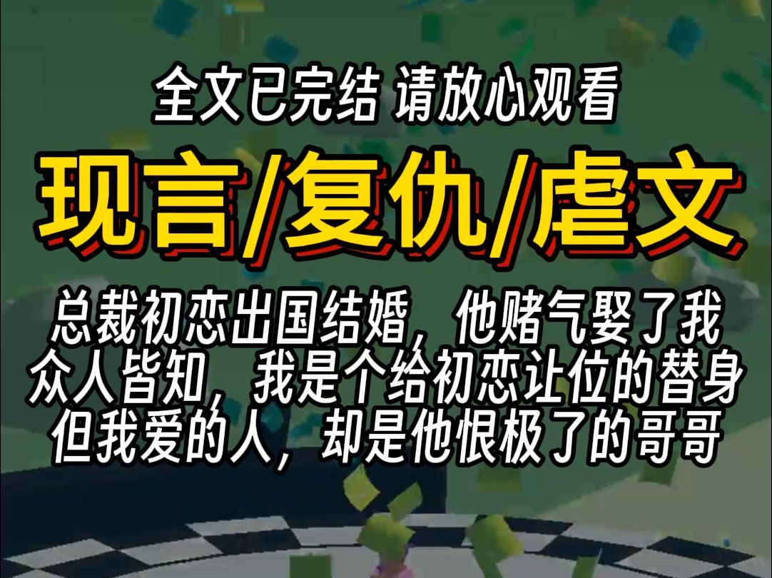 [图]（已完结）现言复仇虐文，总裁初恋出国结婚，他赌气娶了我。 众人皆知，我是个随时给初恋让位的替身 我爱的人，是他恨极了的哥哥。