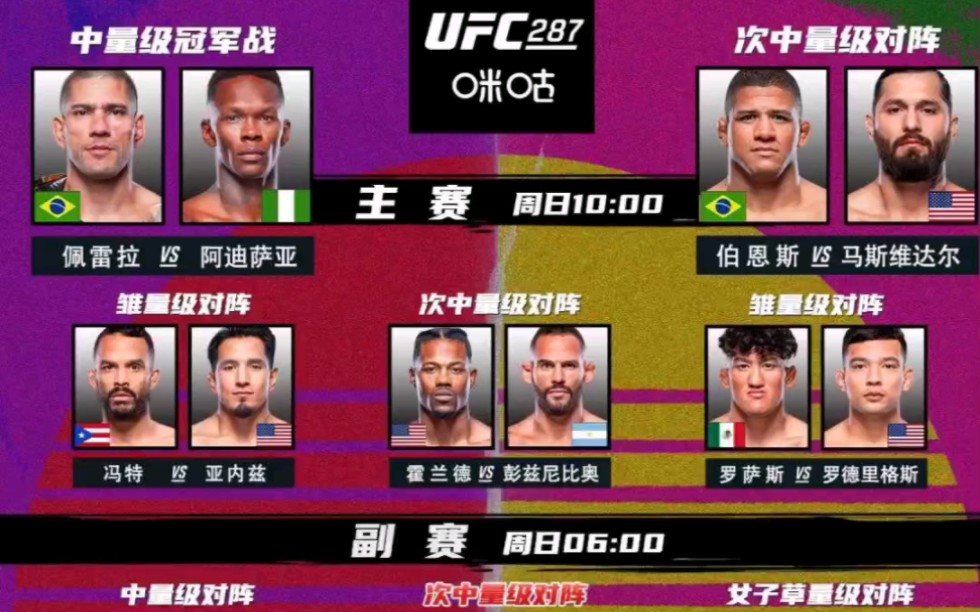 ufc287对战表 黑龙vs佩雷拉 马达vs伯恩斯