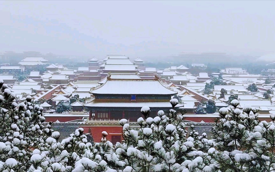 景山公园看故宫雪景图片