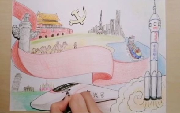 [图]【彩铅画】2分钟学会“建党100周年”儿童画教程，宣传画