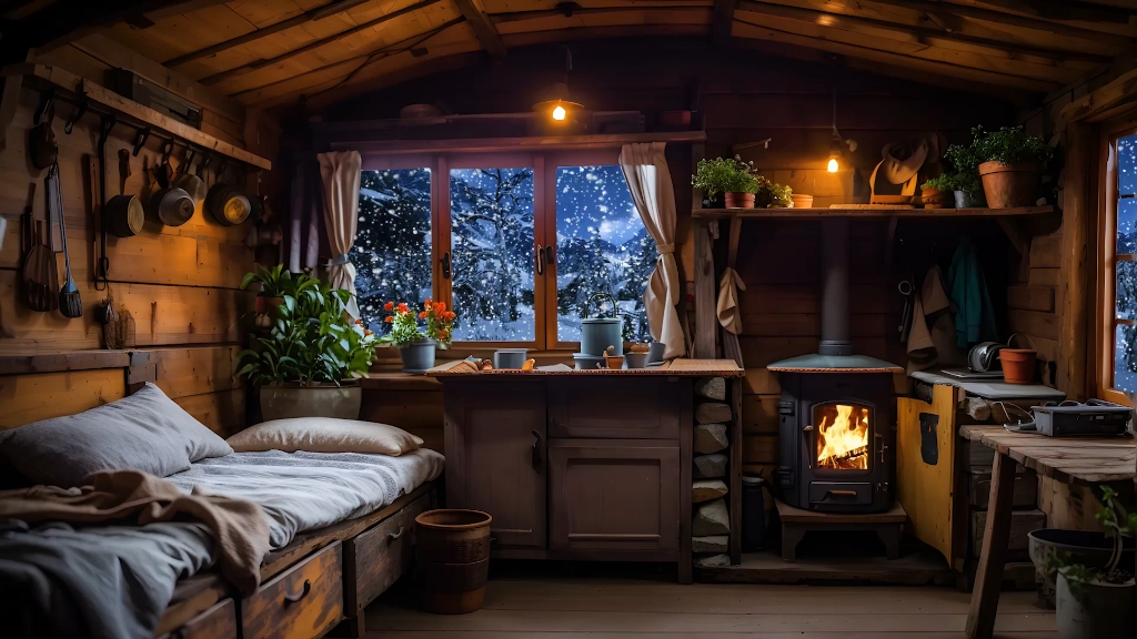 刺骨的冷风声和噼啪作响的壁炉燃烧声让您在暴风雪森林木屋里深度入睡