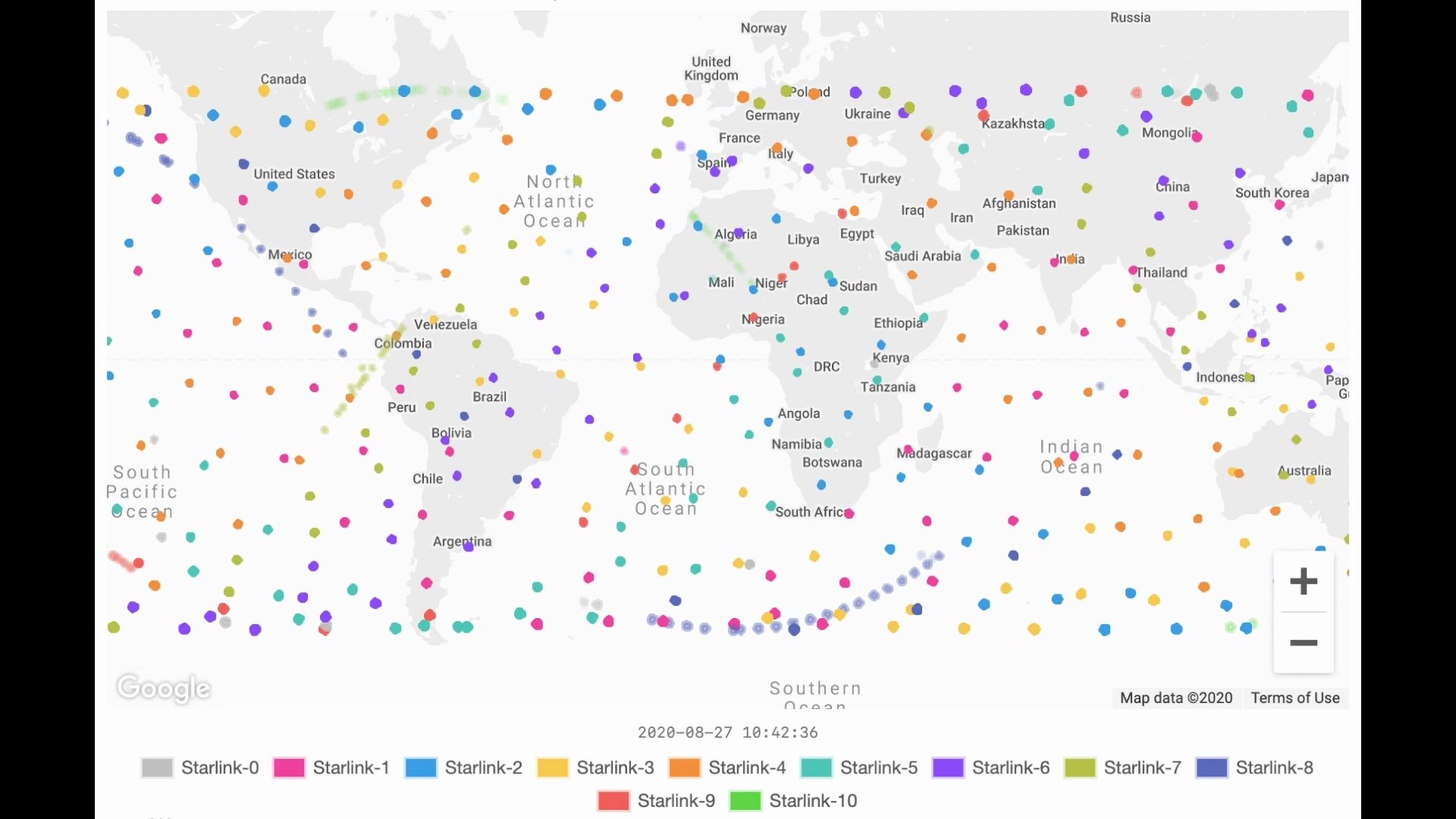 2020年8月27日Starlink星座卫星位置可视化哔哩哔哩bilibili