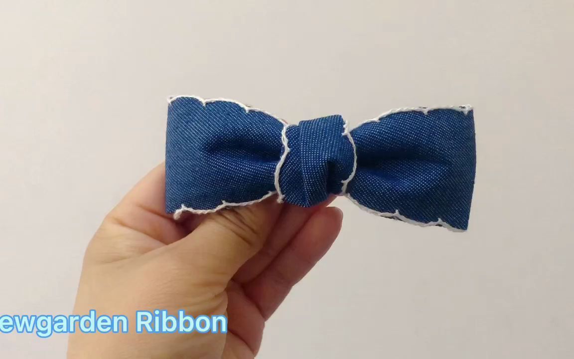 牛仔拷边压布条手工制作diy蝴蝶结发夹教程