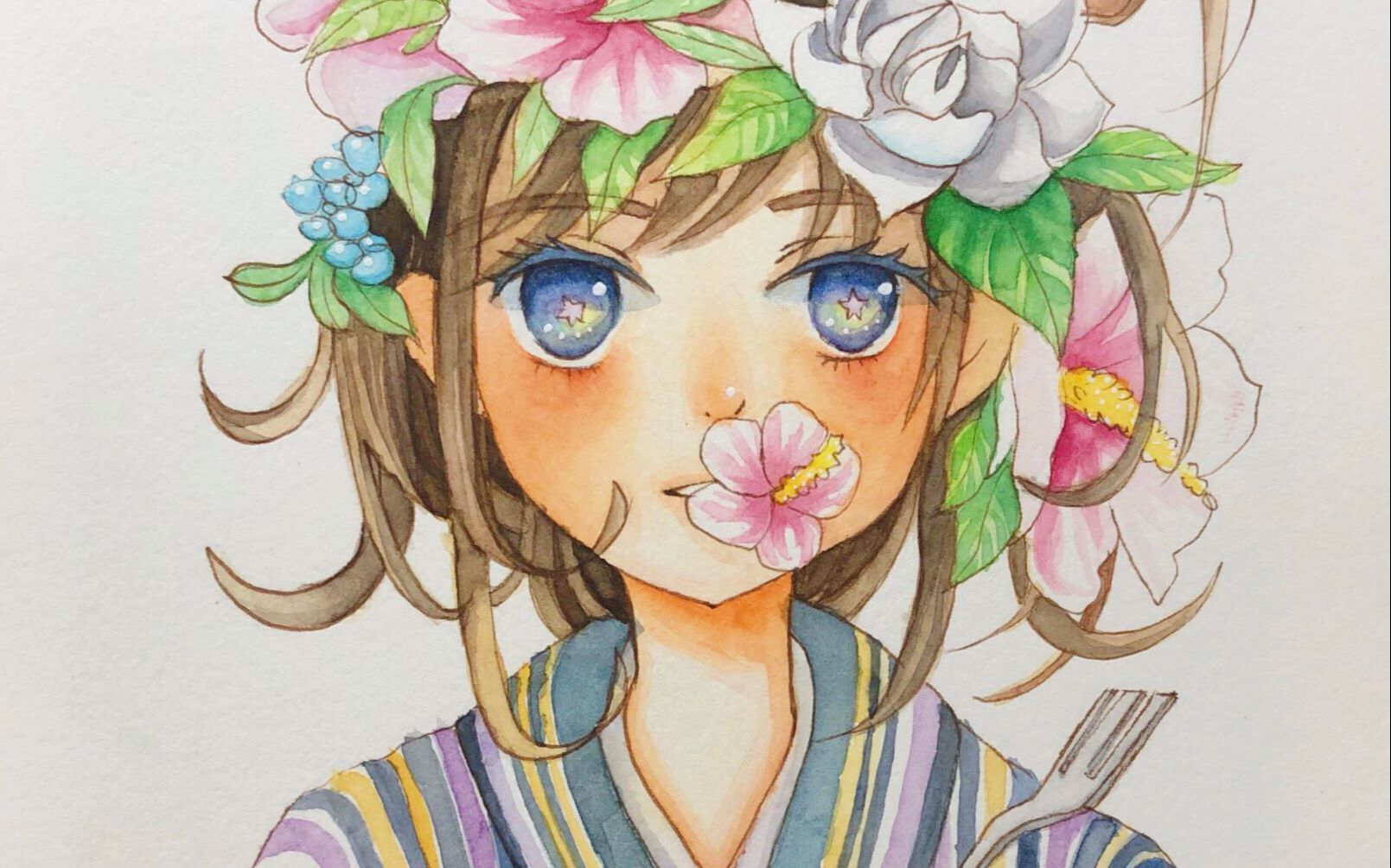 【水彩】给漂亮妹子带上花环