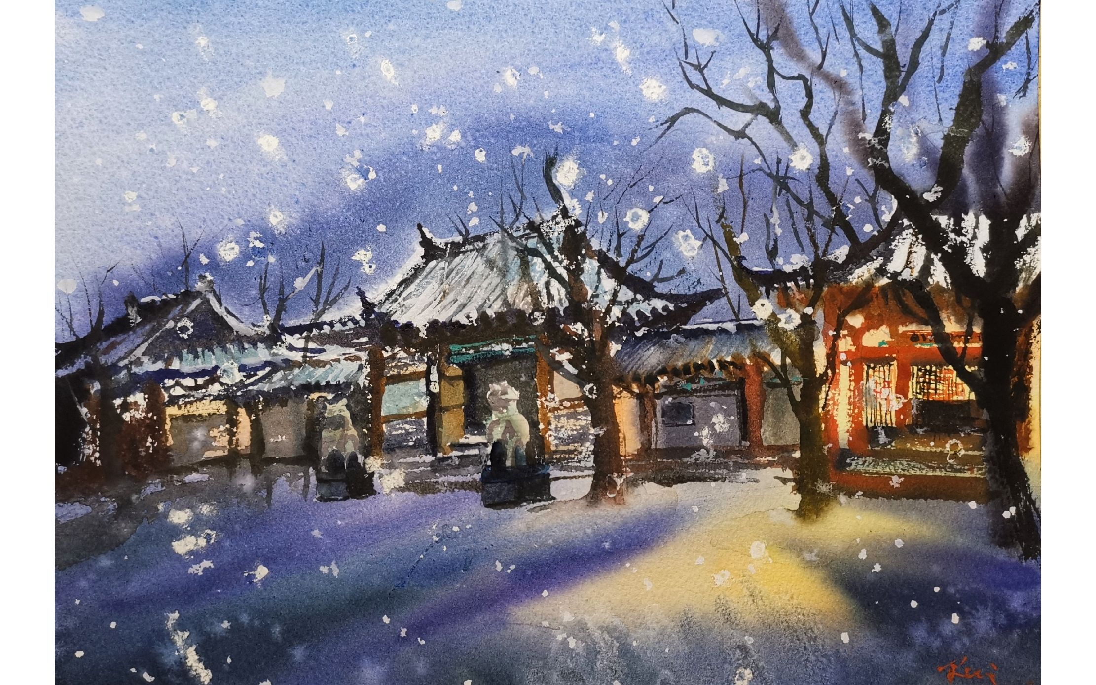 水彩教程梦回长安1华清宫雪夜