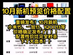 Video herunterladen: 重磅发布！10月新机小米15、一加13、IQOO13等价格确定了，配置性价比完全秒杀下了大血本！！