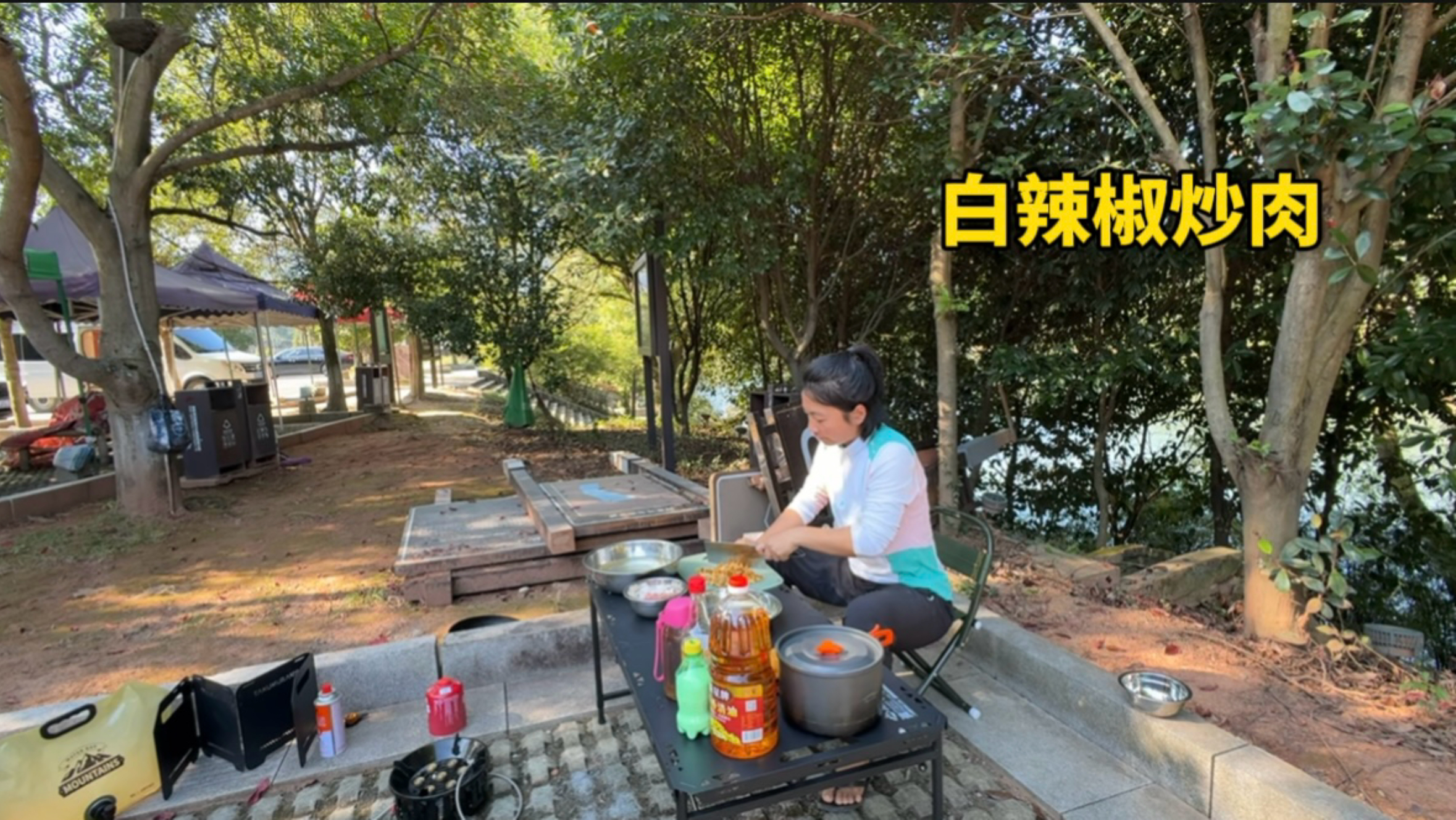 睡了几天马路边，找到一个安静停车场扎营，炒两个菜庆祝一下