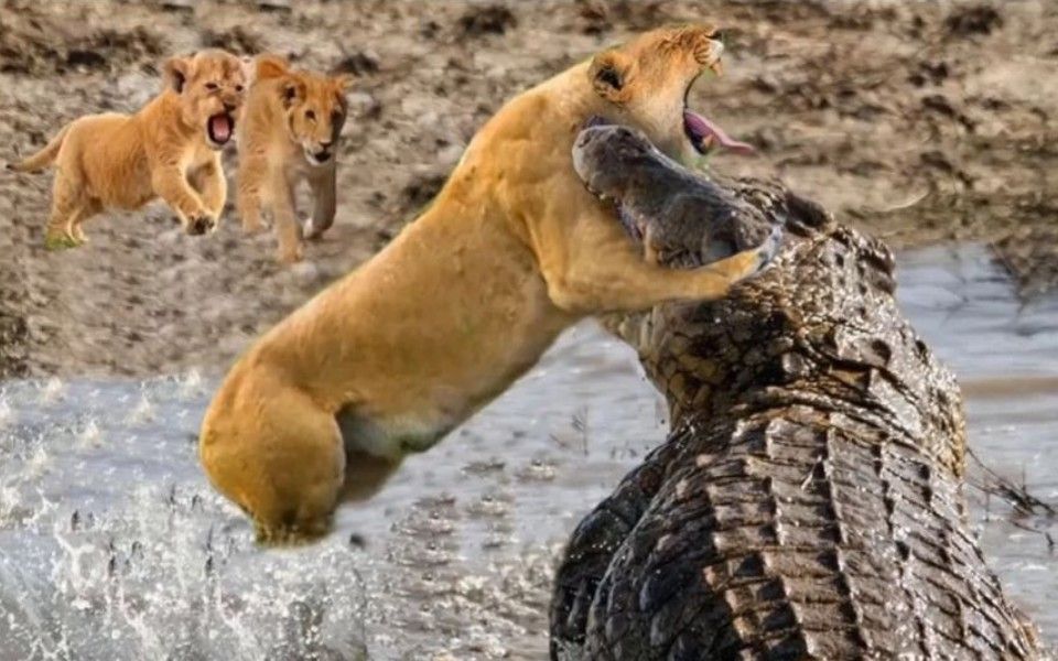 小狮子喝水时被鳄鱼咬到
