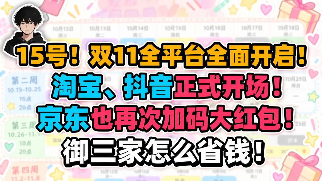 15号！双11全平台全面开启！淘宝、抖音正式开场，京东也再次加码大红包！双11优惠攻略/超级国补/双11红包/大额优惠券/京东淘宝抖音双11 ...