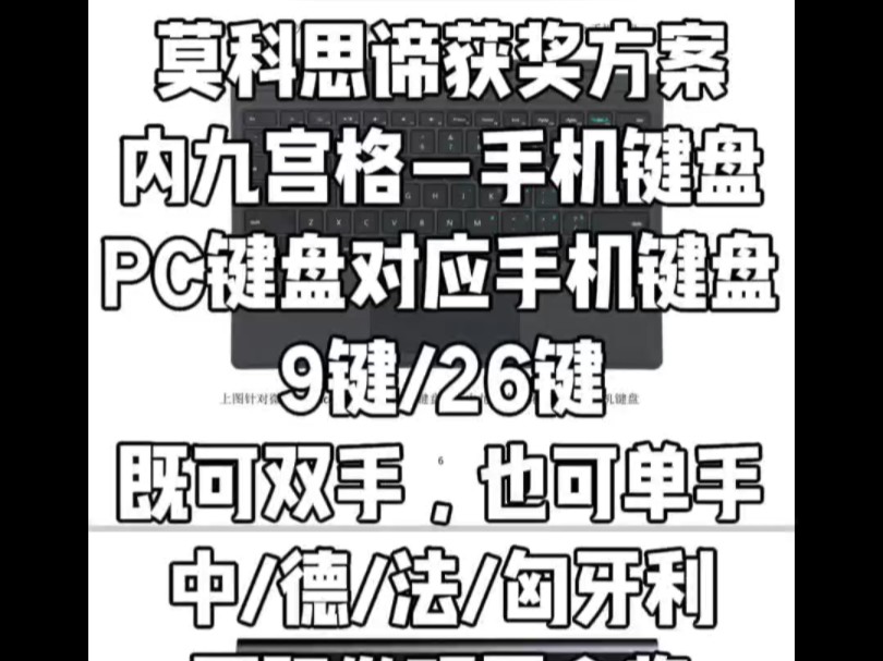 内九宫格映射手机键盘,对应手机9键和26键输入法,PC键盘与手机键盘9键26键输入法相一致,既适合双手26键,也适合单手9键.中/德/法/匈牙利国际发明...