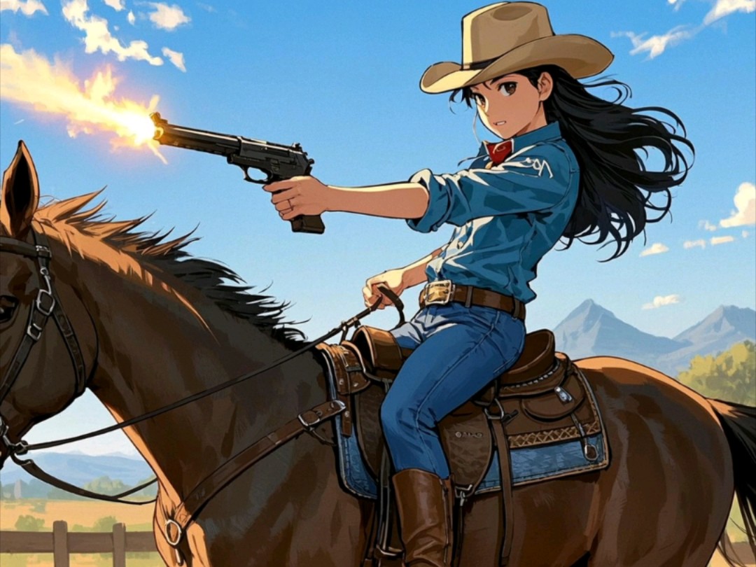 ai眼中的西部女牛仔:想看西部牛仔骑马打枪的样子吗?