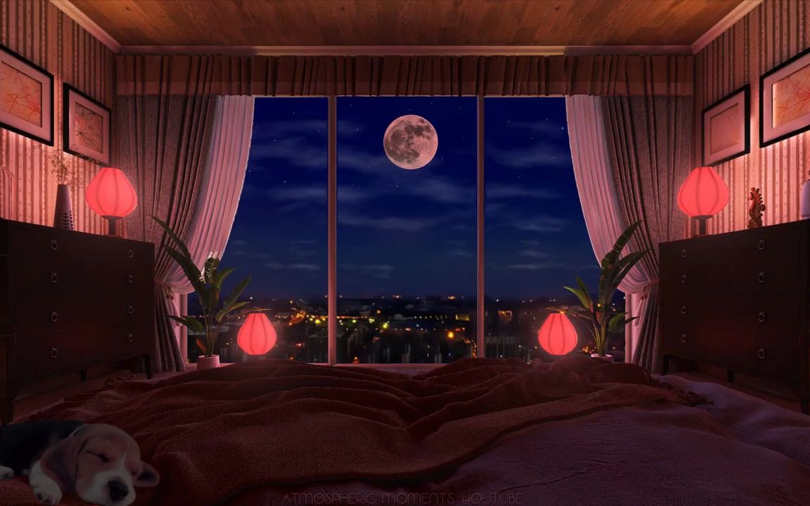 2小时 夜晚窗外明月当空,大海环境音 时钟滴答