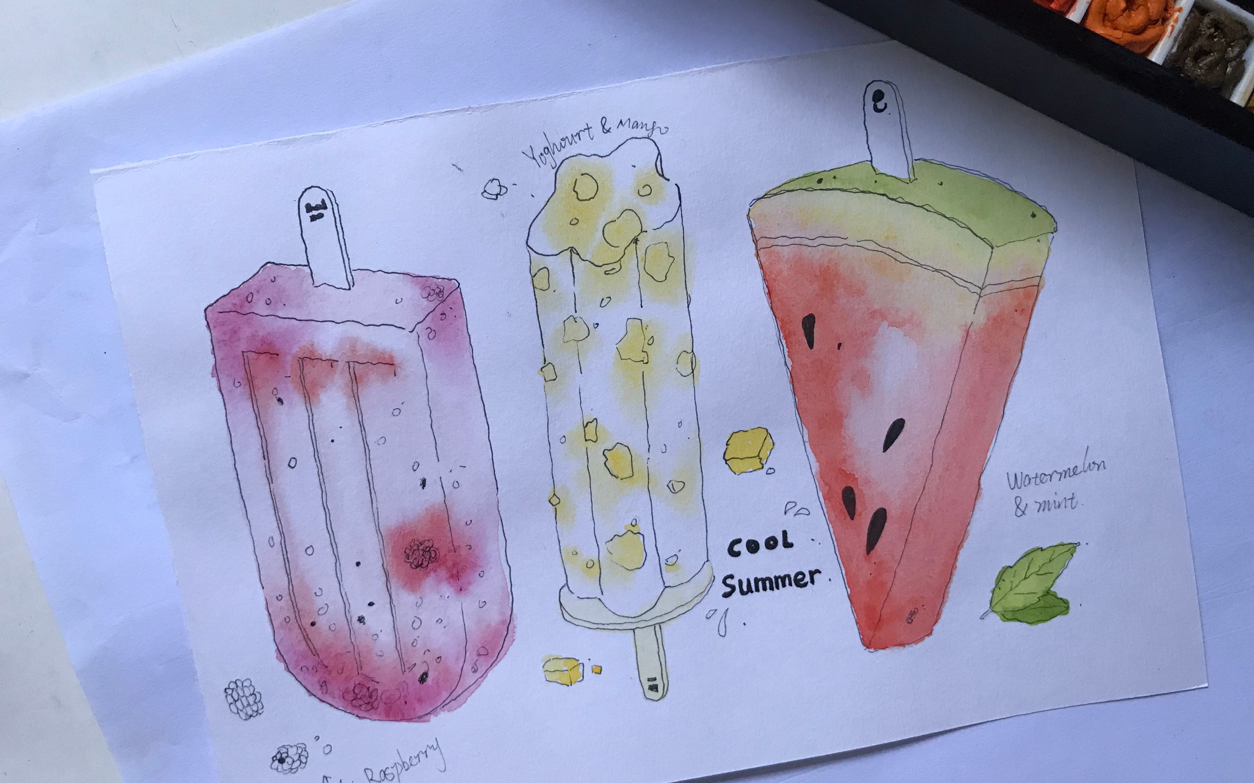 【水彩过程】钢笔淡彩-果味冰棍