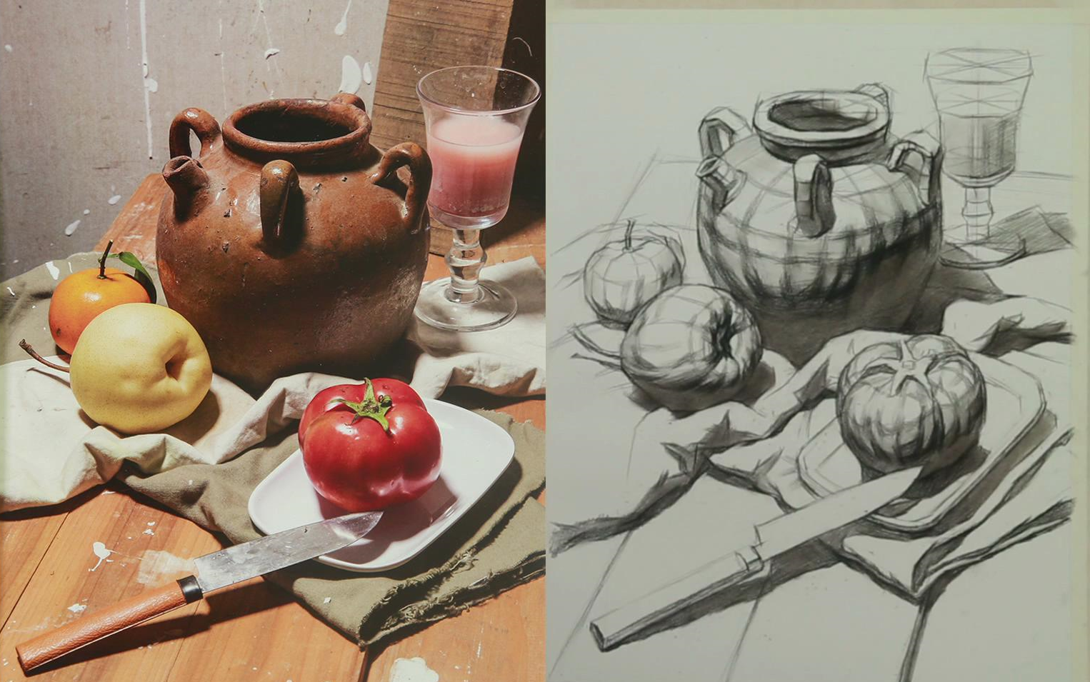 罐子水果刀高脚杯组合-结构素描