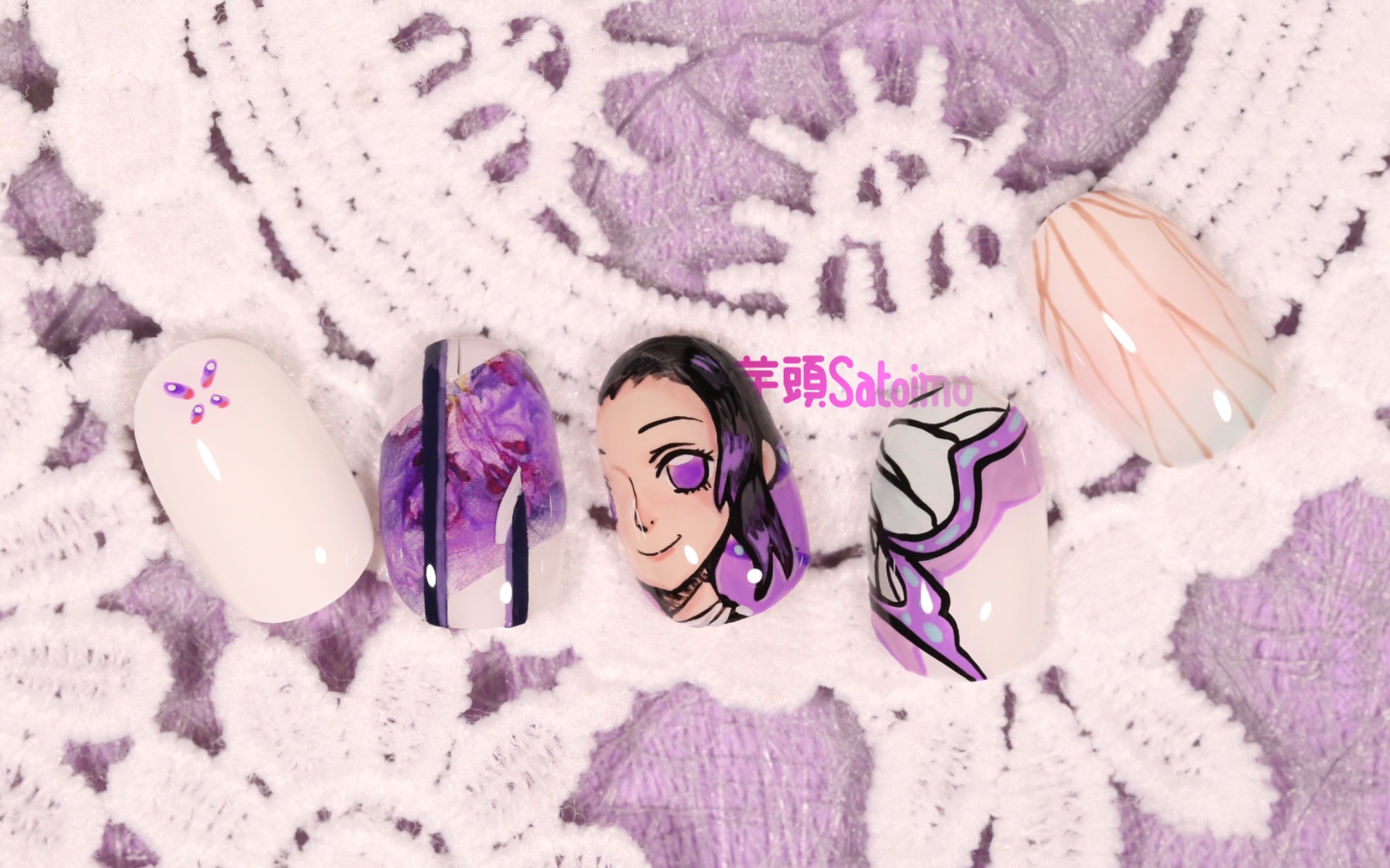 芋头啊蝴蝶忍美绝了鬼灭之刃手绘美甲第二弹虫柱蝴蝶忍